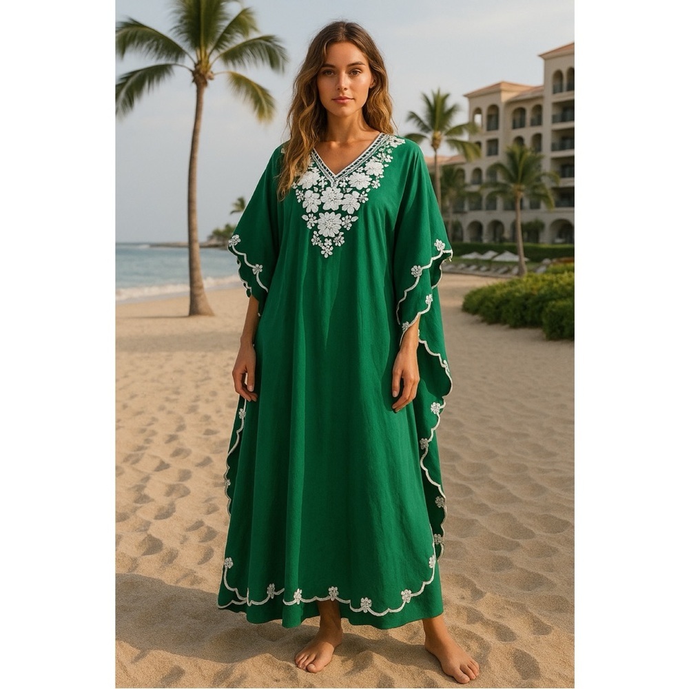 Veloso's Gift Shop NWT Vintage Green Kaftan w/ White Embroidery Coverup Dress OS